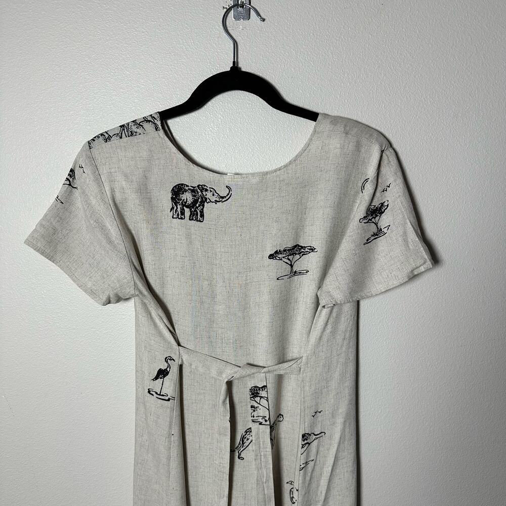 Vintage 90s Connie Choy Safari Animal Print Midi Dress Rayon Linen Tie Waist S M - Picture 4 of 16